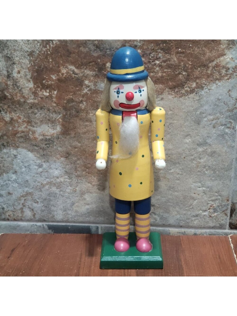 VTG Atico Wooden Clown Nutcracker Blue Hat Yellow Dotted Coat Striped Legs Green